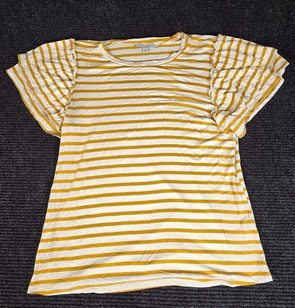 Green Envelope Ruffle Sleeve Striped T-Shirt Size L Yellow White Casual Top
